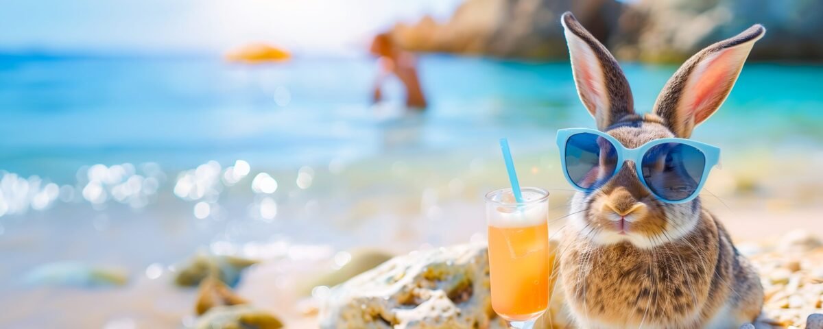 Lapin avec lunettes de soleil sirotant un cocktail sur la plage, symbolisant l’apparente détente dans une dynamique relationnelle tendue.