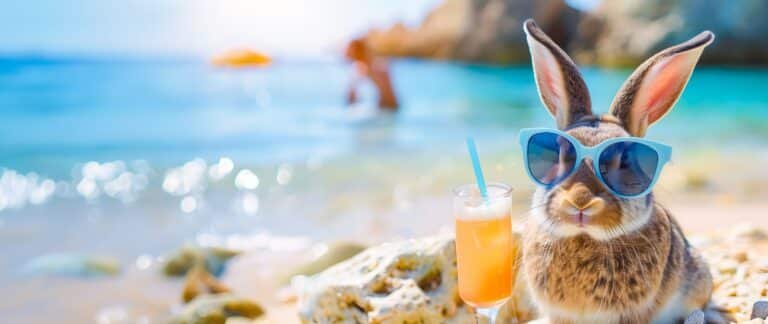 Lapin avec lunettes de soleil sirotant un cocktail sur la plage, symbolisant l’apparente détente dans une dynamique relationnelle tendue.