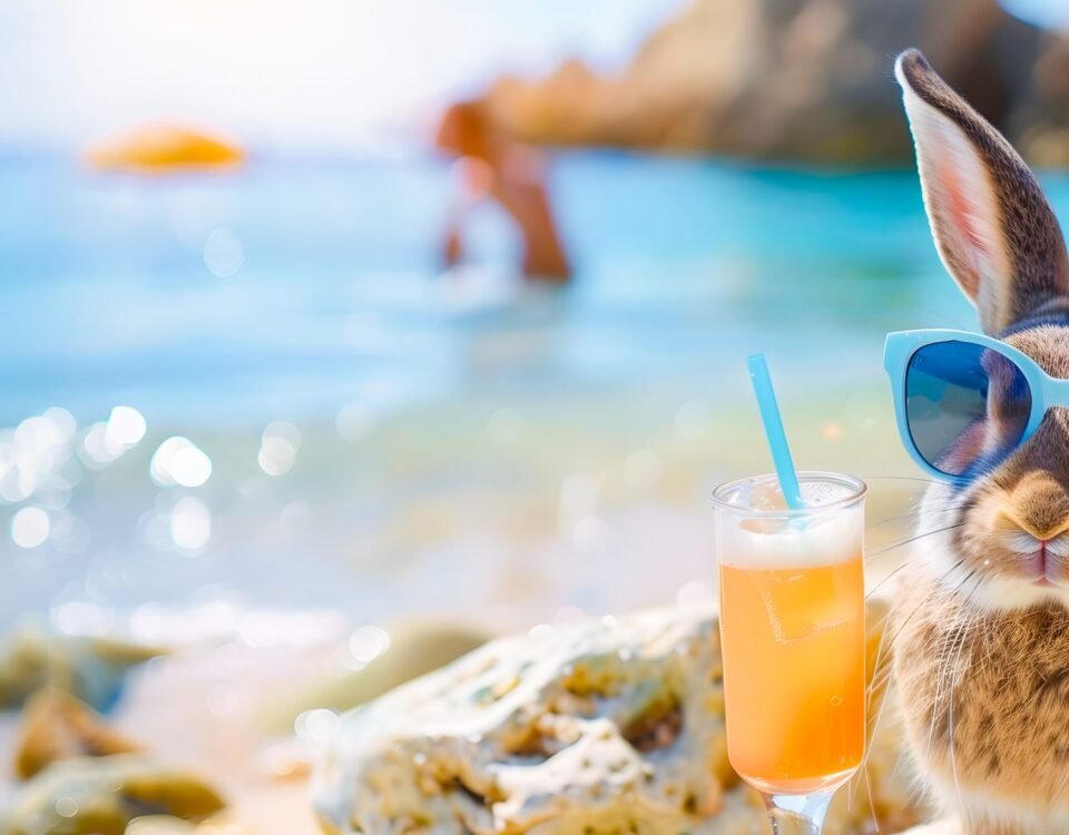 Lapin avec lunettes de soleil sirotant un cocktail sur la plage, symbolisant l’apparente détente dans une dynamique relationnelle tendue.