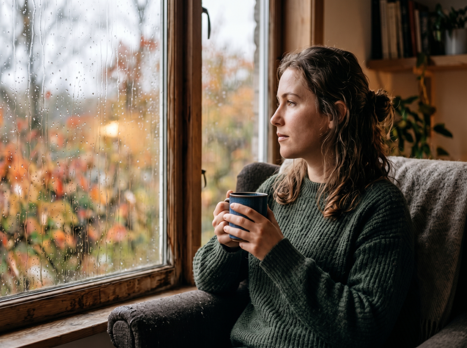 Femme pensive qui ressasse en regardant par la fenêtre