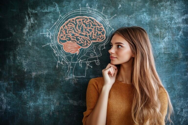 Femme pensive en pull moutarde, main au menton, devant un schéma de cerveau dessiné à la craie sur fond ardoise