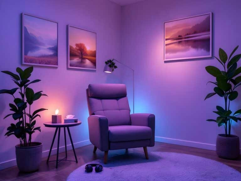 Fauteuil violet vide dans un coin baigné de lumière bleue et rose, plantes vertes, casque audio posé au sol sur un tapis
