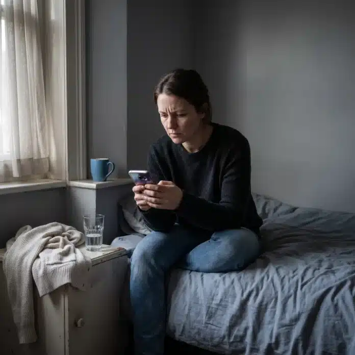 Une femme assise sur un lit fixe son téléphone avec tension, dans une chambre en désordre à la lumière tamisée.