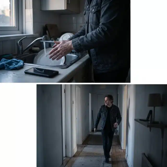 Des mains mouillées font une pause sur la vaisselle, le regard tourné vers un téléphone posé face contre le plan de travail.