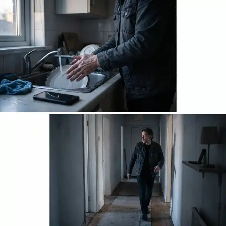 Des mains mouillées font une pause sur la vaisselle, le regard tourné vers un téléphone posé face contre le plan de travail.