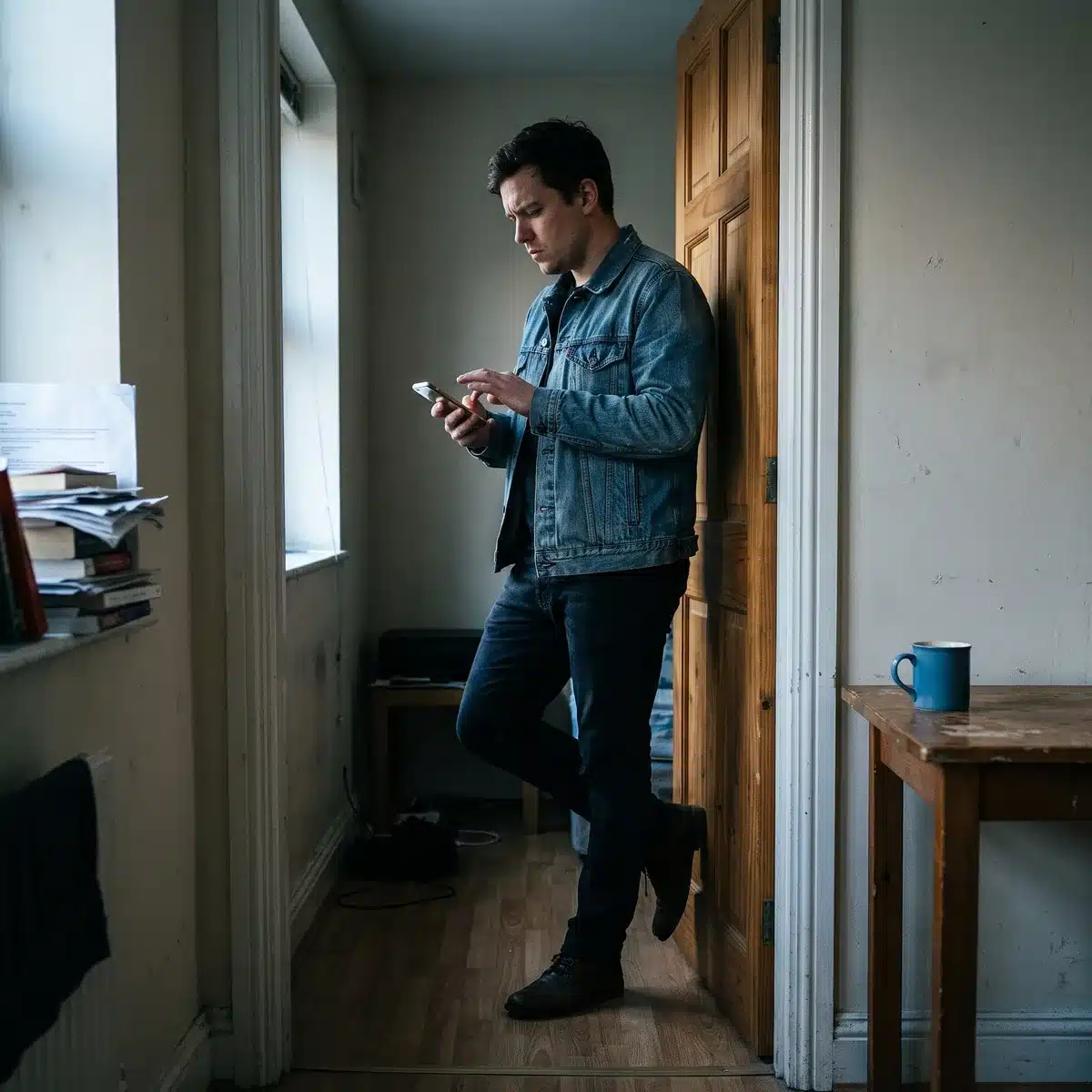 Une personne hésite dans un couloir, téléphone à moitié levé, corps tourné entre deux directions opposées.