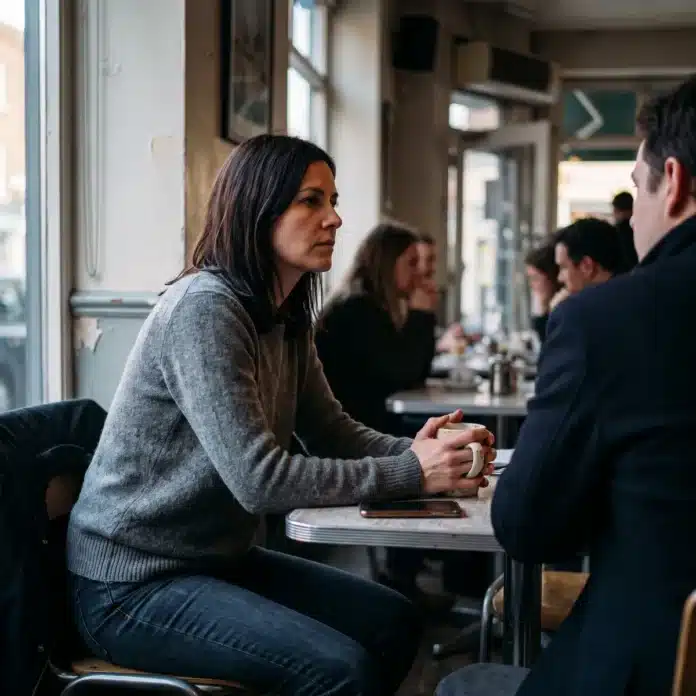 Une femme assise près d'une fenêtre de café fixe quelqu'un au loin, tasse serrée entre les mains, pensée figée.