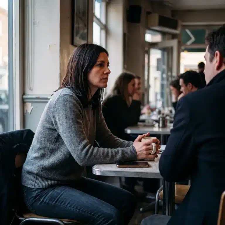 Une femme assise près d'une fenêtre de café fixe quelqu'un au loin, tasse serrée entre les mains, pensée figée.