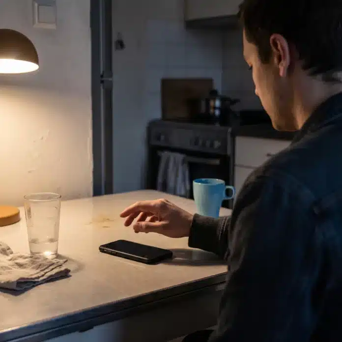 Téléphone posé face contre une table dans une pièce sombre, une main hésitante suspendue juste au-dessus.