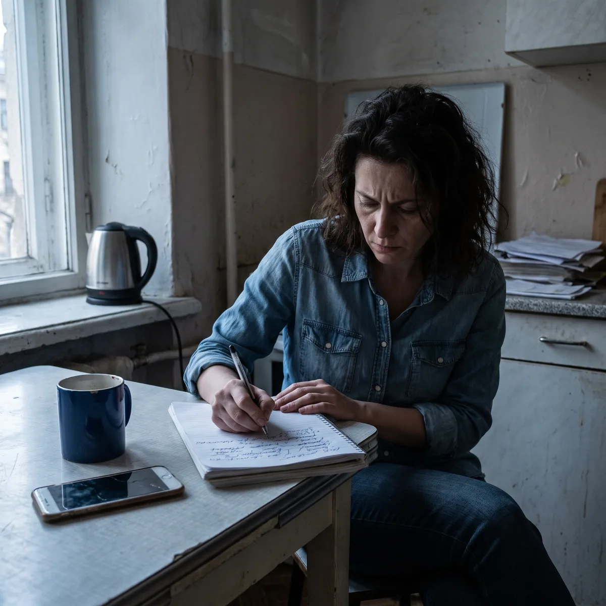 Une main écrit avec insistance dans un carnet posé sur une table de cuisine, près d'une tasse et d'un téléphone retourné.