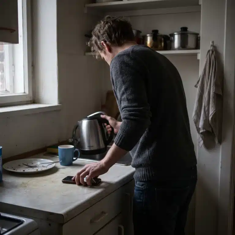 Une main pose un téléphone face contre le plan de travail d'une cuisine, à côté d'une bouilloire et d'une assiette entamée.