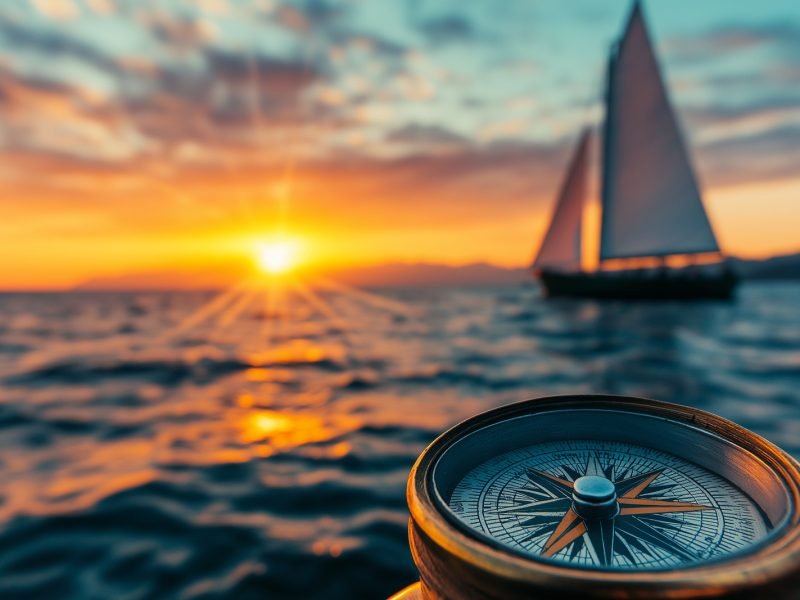 Sailing Towards the Horizon: A compass sits atop a wooden surface, its needle pointing towards a sailboat gliding across the ocean as the sun sets in the distance.