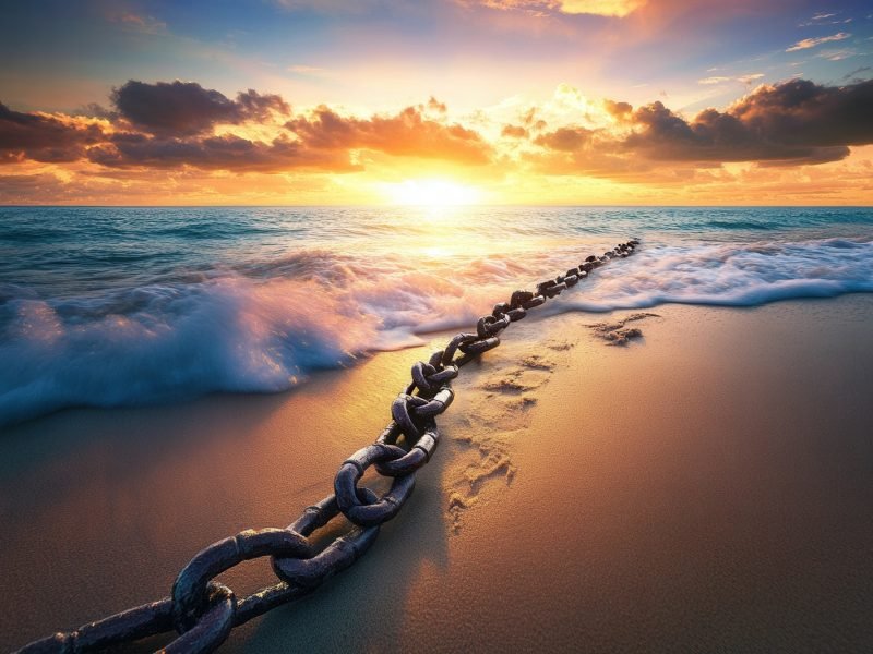 Broken chains lie in the sand as footprints extend towards the horizon, symbolizing freedom and new beginnings under a warm sunset sky.
